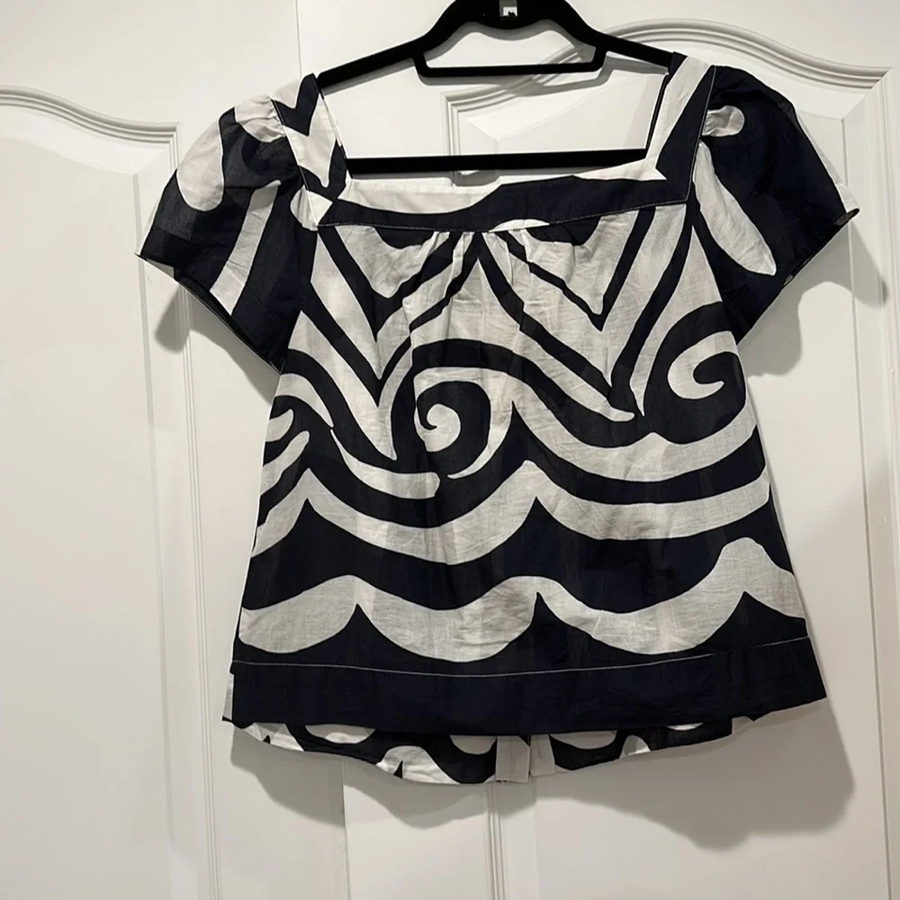 J. Crew Navy and White Button-Front Short Sleeve Top - Picture 2 of 3